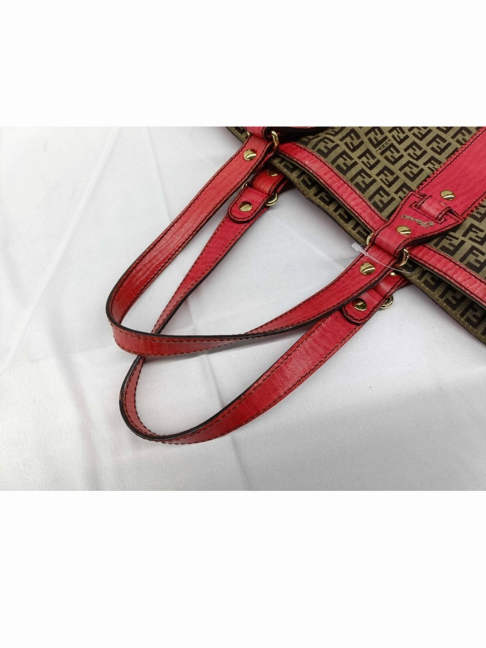 Fendi Brown FF Logo Canvas Tote with Red Leather Trim - Picture 4 of 10